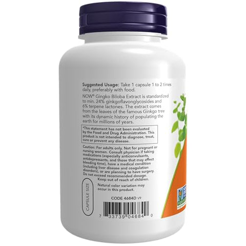 Ginkgo Biloba 60 mg – Extrato Padronizado 24%, Verificado pelo Projeto Non-GMO, 240 Cápsulas Vegetais - NOW Foods