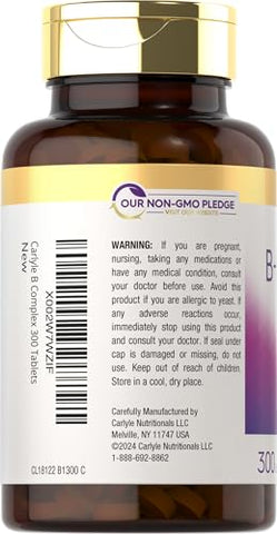 B-Complex Vitamina com B12 | 300 Comprimidos | Fórmula de Alta Potência | Suplemento Vegetariano e Não-OGM - Carlyle