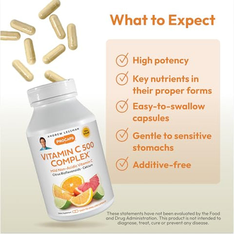 ANDREW LESSMAN - Andrew Lessman Vitamina C 500 Complexo 180 Cápsulas – Vitamina C Não Ácida com Bioflavonoides Cítricos para Suporte ao Sistema Imunológico e Antioxidante, Sem Desconforto Estomacal, Fácil de Ingerir