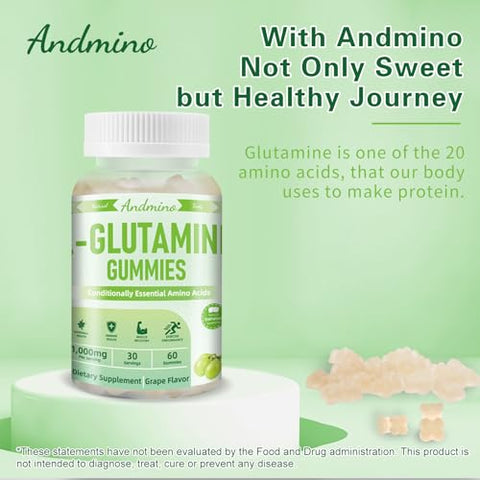 andmino - L-Glutamina Gummies 1000 mg com Trehalose – Suporte Intestinal e Reforço Imunológico