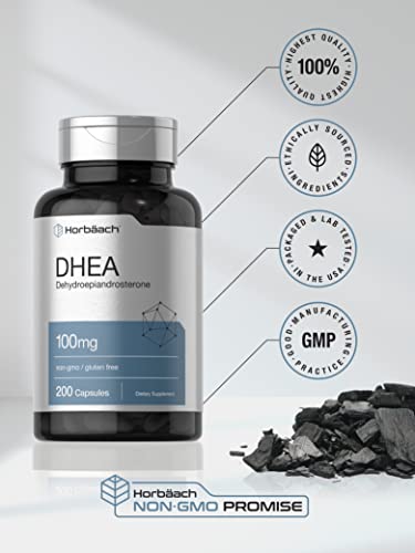 DHEA 100mg | 200 Cápsulas | Homens e Mulheres | Sem OGM, Sem Glúten - Horbäach