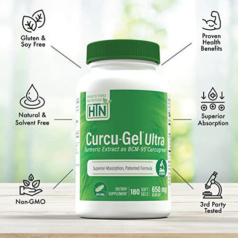Health Thru Nutrition - Curcu-Gel 650mg BCM-95® CurcuGreen Cúrcuma Curcumina | Alta Absorção | Resposta Saudável à Inflamação | Estudo Clínico | Testado por Terceiros | Não-OGM