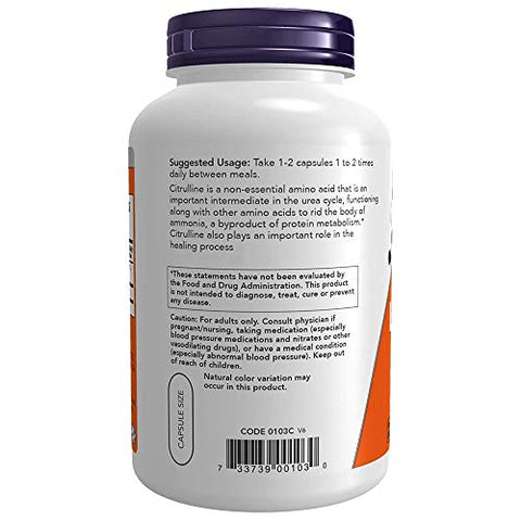 NOW Foods - Now Foods L-Citrulline 750 mg – 180 Cápsulas | Aumente a Energia e o Desempenho | Suplemento de Aminoácido Essencial