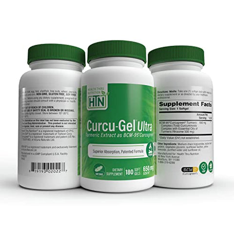 Health Thru Nutrition - Curcu-Gel 650mg BCM-95® CurcuGreen Cúrcuma Curcumina | Alta Absorção | Resposta Saudável à Inflamação | Estudo Clínico | Testado por Terceiros | Não-OGM