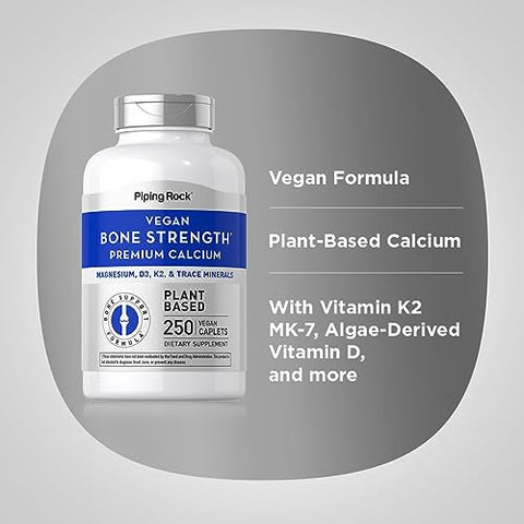 Suplemento para Fortalecimento Ósseo com Cálcio, Magnésio, Vitamina D3, K2 e Zinco | 250 Cápsulas | Vegano, Não-OGM, Sem Glúten - Piping Rock