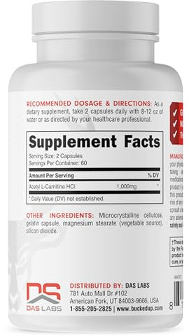 Acetyl L-Carnitine 1000mg por Porção, Suporta Função Cerebral Essencial (60 Porções, 120 Cápsulas) - Bucked Up