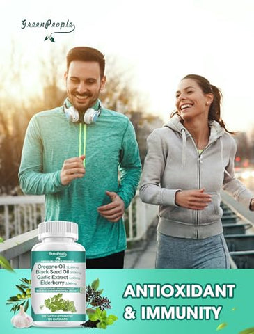 GREENPEOPLE - Óleo de Orégano Cápsulas Orgânicas 12.000 mg com Óleo de Semente Negra Alho Sabugueiro – 120 Unidades Veganas – Suporte Imunológico e Digestivo