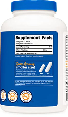 Caffeine 500 Cápsulas, 200mg por Cápsula (2 Frascos) – Energia e Foco - Nutricost