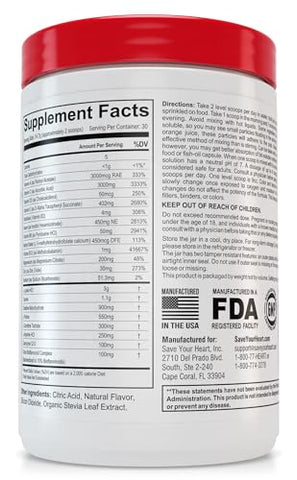 SAVE YOUR HEART - Cardio Health Powder Supplement – Fórmula Essencial da Terapia Pauling (FETP) com Vitamina C, B-12, L-Lisina, L-Arginina, Magnésio, Zinco – 100g