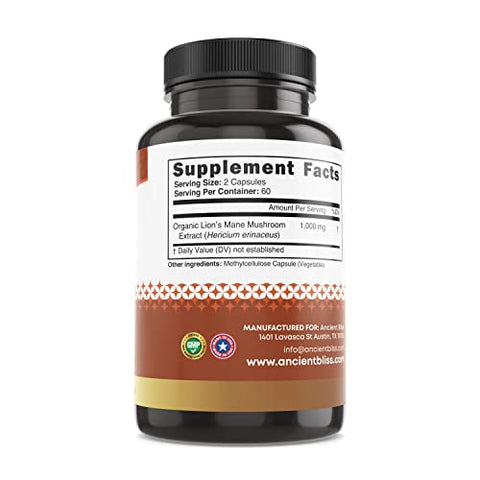Lion’s Mane – 120 Cápsulas Veganas de Cogumelo (2 Meses de Fornecimento) – Suporte para Clareza Mental e Energia - Ancient Bliss