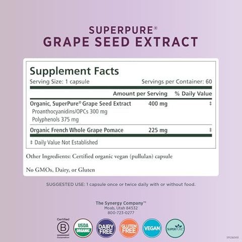 PURE SYNERGY - Pure Synergy SuperPure Extrato de Semente de Uva | Cápsulas Orgânicas de Extrato de Semente de Uva | Suplemento de Polifenóis de Semente de Uva com Uva Inteira | para Saúde do Coração, Pele e Envelhecimento Saudável