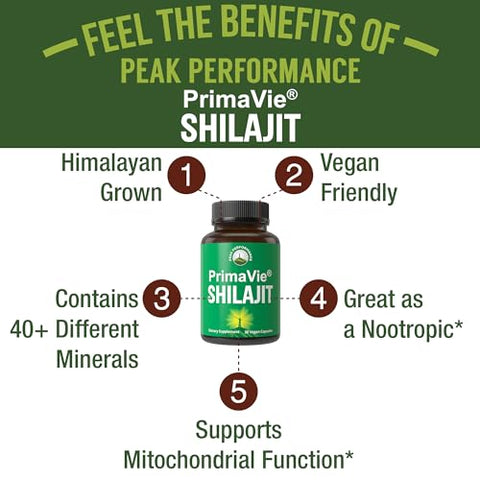 Peak Performance - PrimaVie® Cápsulas de Shilajit Puro. Suplemento Natural Clinicamente Testado com 40 Minerais Traços e Ácido Fúlvico. Suporte para Mitocôndrias