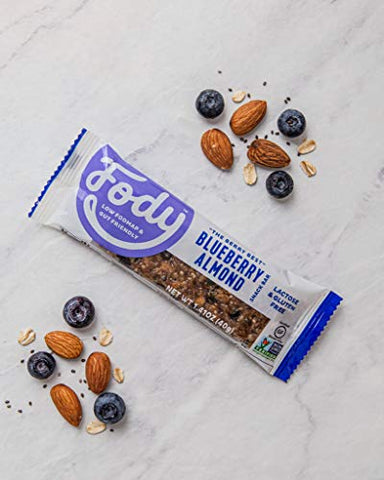 Barras de Proteína Vegana Fody Foods | Snack Bar com 3g de Proteína | Certificado Low FODMAP | Amigável ao Intestino e IBS | Sem Glúten, Lactose e GMO | Barras de Amêndoa e Mirtilo, 12 unidades