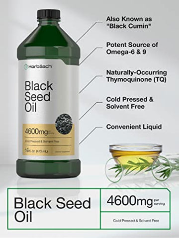 Óleo de Semente Preta Líquido 473ml | 4600mg | Suplemento de Nigella Sativa Prensado a Frio | Vegetariano, Não-OGM, Sem Glúten, Fórmula Livre de Solventes - Horbäach