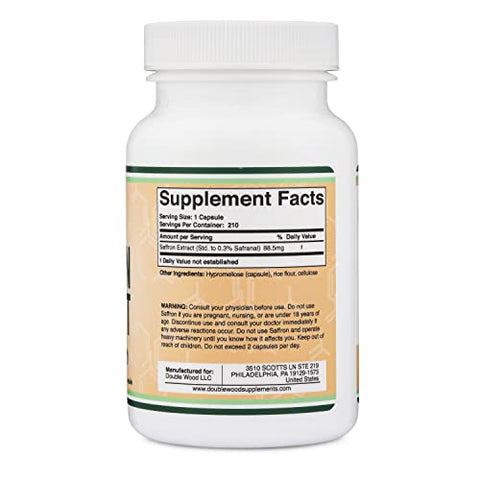 Double Wood Supplements - Suplemento de Açafrão para Concentração – Cápsulas Veganas de Extrato de Açafrão 88,5mg (210 Unidades) Supressor Leve de Apetite para Gerenciamento Saudável de Peso (Promove Saúde dos Olhos, Retina e Lentes)