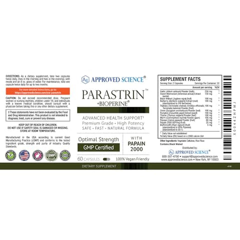 Parastrin – 120 Cápsulas – Limpeza e Melhora da Saúde Intestinal – Nogueira Preta, Alho, Papaína 2000, BioPerine – Vegano - Approved Science