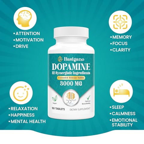Basigano - Suplemento Natural de Dopamina para Energia, Foco, Motivação, Alerta Mental, Humor e Estresse – Sem OGM, Sem Glúten – 90 Comprimidos