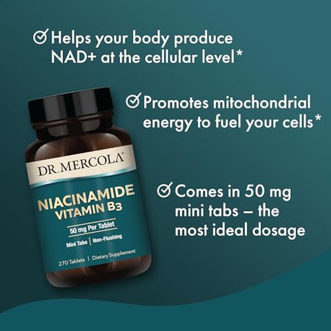 Niacinamide Vitamina B3, 90 Porções (270 Comprimidos), Suplemento Alimentar, Mini Comprimidos, Não Causa Rubor, Suporta Saúde Metabólica, Não-OGM - Dr. Mercola