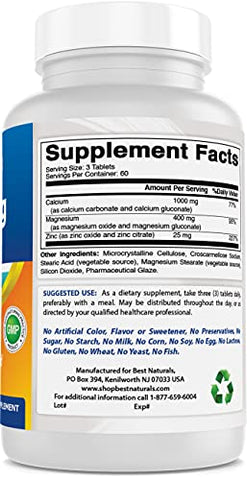 2 Pacotes – Best Naturals Cálcio Magnésio Zinco – 180 Comprimidos – Complexo Mineral Essencial Cal Mag Zinc (Total 360 Comprimidos)