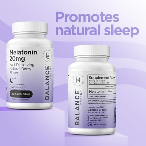 Balancebreens - Melatonina 20mg, 100% Livre de Medicamentos, 120 Comprimidos de Dissolução Rápida – Auxílio Natural para o Sono, Experimente Noites Serenas e Repousantes – Encontre Sua Calma, Abraçe o Relaxamento, Suporta um Sono Repousante e