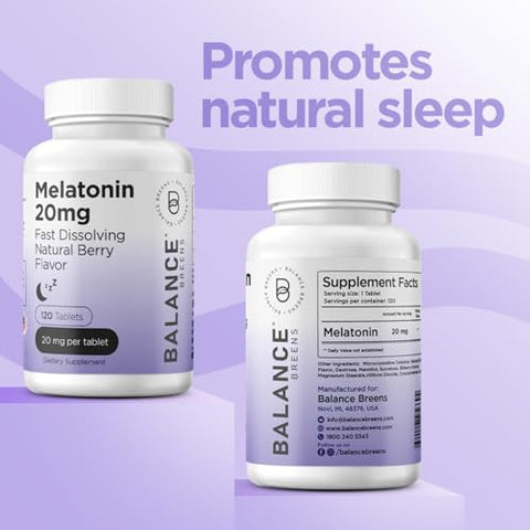 Balancebreens - Melatonina 20mg, 100% Livre de Medicamentos, 120 Comprimidos de Dissolução Rápida – Auxílio Natural para o Sono, Experimente Noites Serenas e Repousantes – Encontre Sua Calma, Abraçe o Relaxamento, Suporta um Sono Repousante e