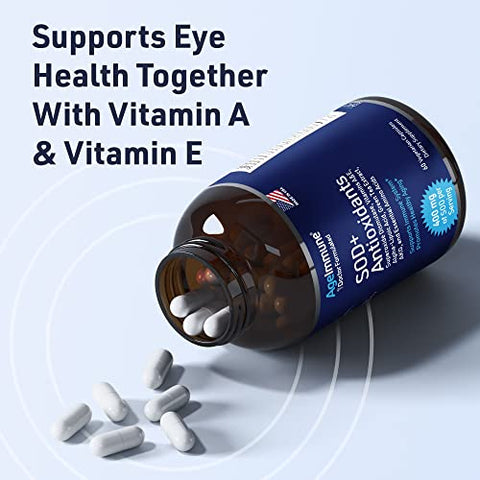 AgeImmune - SOD Complexo Antioxidante para Envelhecimento Saudável – 400mg de Superóxido Dismutase – Ácido Alfa Lipóico – L-Arginina – Lisina – AKG – Vitamina A – Vitamina E para Suporte Imunológico – 60 cápsulas