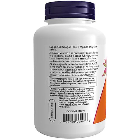 Vitamina K-2, 250 Cápsulas Vegetais – Benefícios para a Saúde Óssea e Cardiovascular - NOW Foods