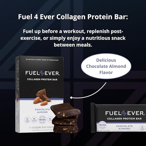 Fuel 4 Ever - Fuel4Ever Barras de Proteína de Colágeno | 14g de Proteína, Sem Glúten, Sem Laticínios, Sem Açúcar ou Ingredientes Artificiais Adicionados | Caixa com 12 Barras de Sabor Chocolate Amêndoa