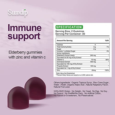 SumDIP - Gomas de Sabugueiro Orgânicas com Zinco e Vitamina C – Suporte Imunológico – Sabor de Frutas Vermelhas – Vegano – Sem Transgênicos – Sem Glúten – 60 Gomas – 2 Pacotes