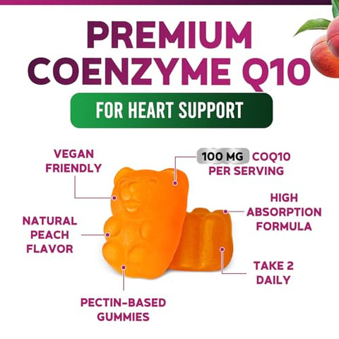 Nature's Nutrition - Gummies de CoQ10 100mg – Suplemento de Coenzima Q10, Antioxidante para Apoio à Saúde Cardíaca