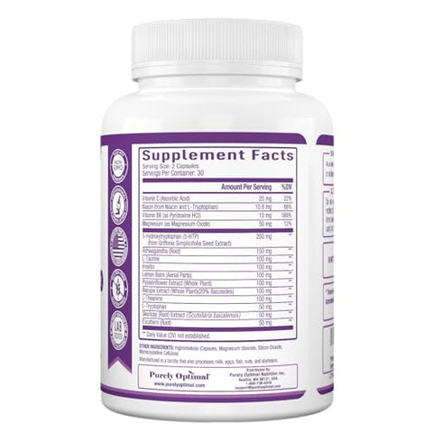 Purely Optimal - Suplemento Premium 5-HTP Plus 250mg – Máxima Potência: Auxílio ao Sono, Estímulo de Humor, Promove Calma