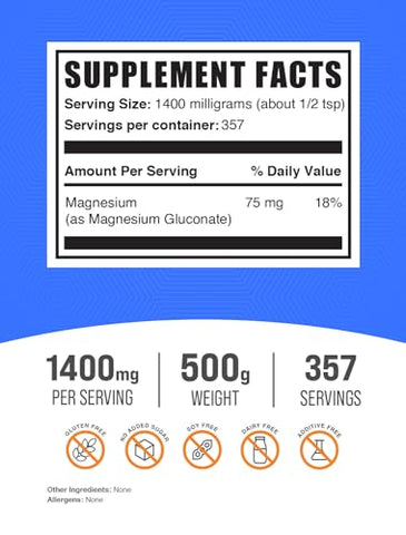 com Pó de Gluconato de Magnésio – Suplemento de Gluconato de Magnésio, Essencial – 100g - BulkSupplements