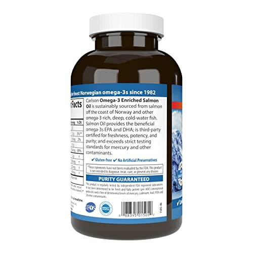Óleo de Salmão Carlson, 500 mg Ômega-3, Norueguês, Coração, Cérebro – Benefícios para a saúde
