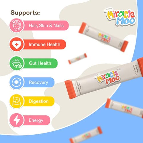 Miracle Moo - Suplemento de Colostro para Saúde Intestinal, Crescimento Capilar, Beleza e Suporte Imunológico – Pó Bovino de Pasto Fácil de Misturar – Maior IgG Plus ImmunoLin (30 Porções, Stick Packs), Laranja