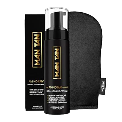 Man Tan - MAN TAN Kit Inicial Bronzeador Sem Sol Para Homens | AMINOTAN – A Melhor Espuma Autobronzeadora Transparente Para Homens Funciona Com Cabelo à Prova de Suor (Luva)
