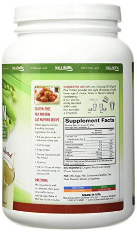 Proteína de Ervilha em Pó Vegana, Sem Sabor – 25g de Proteína, Baixo Carboidrato Líquido, Sem Glúten, Sem Lactose, Sem Açúcar Adicionado, Sem Soja, Kosher, Não-OGM, 2 Libras - Olympian Labs