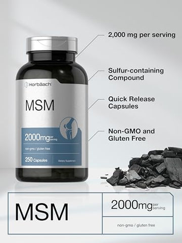 Cápsulas de Suplemento MSM | 2000mg | 250 Unidades | Fórmula Livre de OGM e Glúten | Metilsulfonilmetano - Horbäach