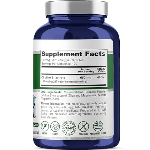 Choline Bitartrate 650 mg – 200 Cápsulas Vegetarianas (Vegano, Livre de Transgênicos) - NusaPure