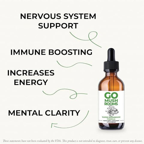 GO Mushrooms - Tintura de Cogumelo Super – Extrato Duplo de Cogumelo Multifuncional 4-em-1 – Saúde Imunológica e Redução do Estresse com Cogumelos Super
