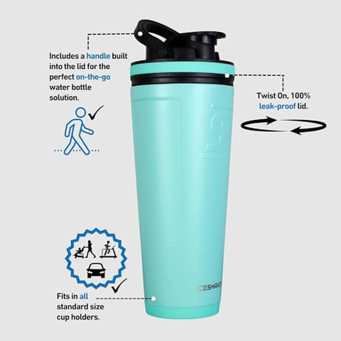 Garrafa Agitadora em Aço Inoxidável | 36oz, Menta | Mantém-se Gelada por 30 Horas | Copo Isolado com Agitador de Rosca | Copo Agitador sem Odor para Shakes de Proteína, Água - Ice Shaker