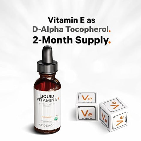 Vitamina E Líquida Orgânica Certificada pelo USDA – Suprimento de 2 Meses – Acetato de D-Alpha Tocoferol, Óleo de TCM Orgânico, Óleo de Laranja Orgânico, Sem Sabor, Não-OGM – 60ml - Codeage