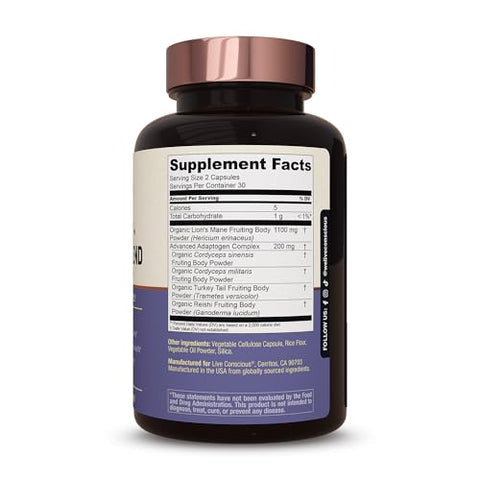 Live Conscious - Suplemento de Cogumelo do Leão para Suporte Cerebral com Lion’s Mane, Cordyceps, Reishi e Turkey Tail – Suplemento de Memória Cognitiva para o Cérebro
