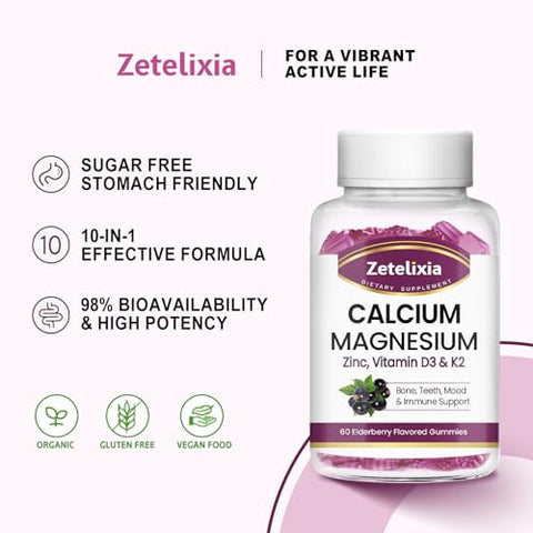 Zetelixia - Gomas de Cálcio para Mulheres e Homens, Cálcio Magnésio Zinco com Vitamina D3
