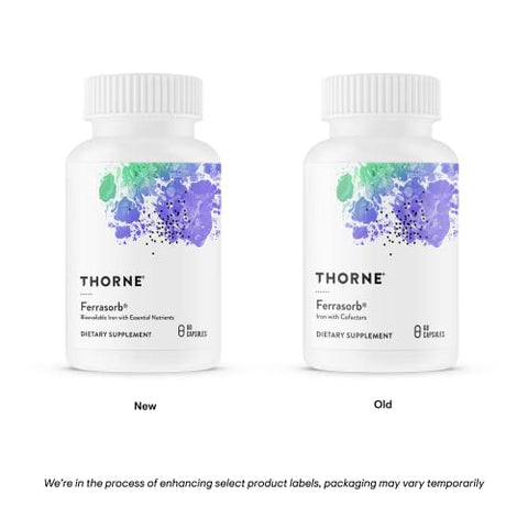 THORNE - Thorne Ferrasorb – Fórmula Completa de Suporte Sanguíneo com 36 mg de Ferro e Nutrientes Essenciais – Ferro Elemental, Ácido Fólico, Vitaminas B e C para Absorção Ótima – Livre de Glúten – 60 cápsulas