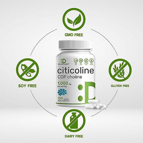 Citicoline CDP Choline 1.000mg por Porção 120 Cápsulas – Suplemento Extra Forte de Colina – Propriedades de Vitaminas B Nootrópicas – Promove a Saúde Cerebral, Memória - DEAL SUPPLEMENT