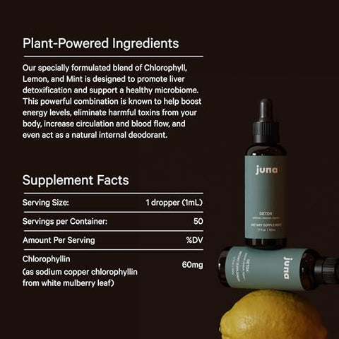 Gotas Líquidas de Clorofila, Concentração 3X Potente – Desintoxicação, Desinchaço, Limpeza, Desodorante Interno, Energia - Juna