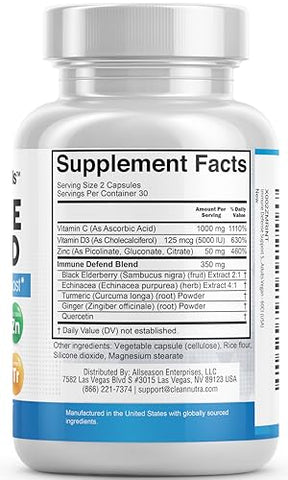 Clean Nutraceuticals - Suplemento 8 em 1 para Suporte à Defesa Imunológica c/ Zinco 50mg Quercetina, Vit C 1000mg, Vitamina D3 5000 UI, Sabugueiro, Cúrcuma Curcumina, Gengibre, Equinácea – Impulsionador do Sistema Imunológico