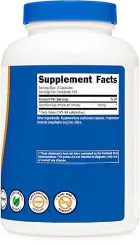 Cápsulas de Estrôncio 750mg, 240 Cápsulas – Vegetariano, Não-OGM, Livre de Glúten - Nutricost