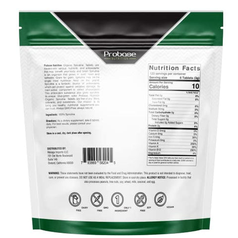 Probase Nutrition - Suplemento Orgânico de Spirulina, 3000MG Por Porção, Aprox. 720 Comprimidos (4 Meses de Fornecimento), Rico em Prebióticos