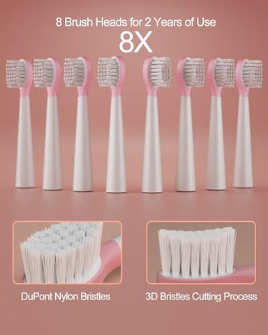 AJELU - Escova de Dentes Elétrica Infantil Sonic para Idades 3, à Prova d’Água IPX7, 3 Modos Inteligentes com Memória, Inclui 8 Cabeças de Escova Substituíveis, Rosa